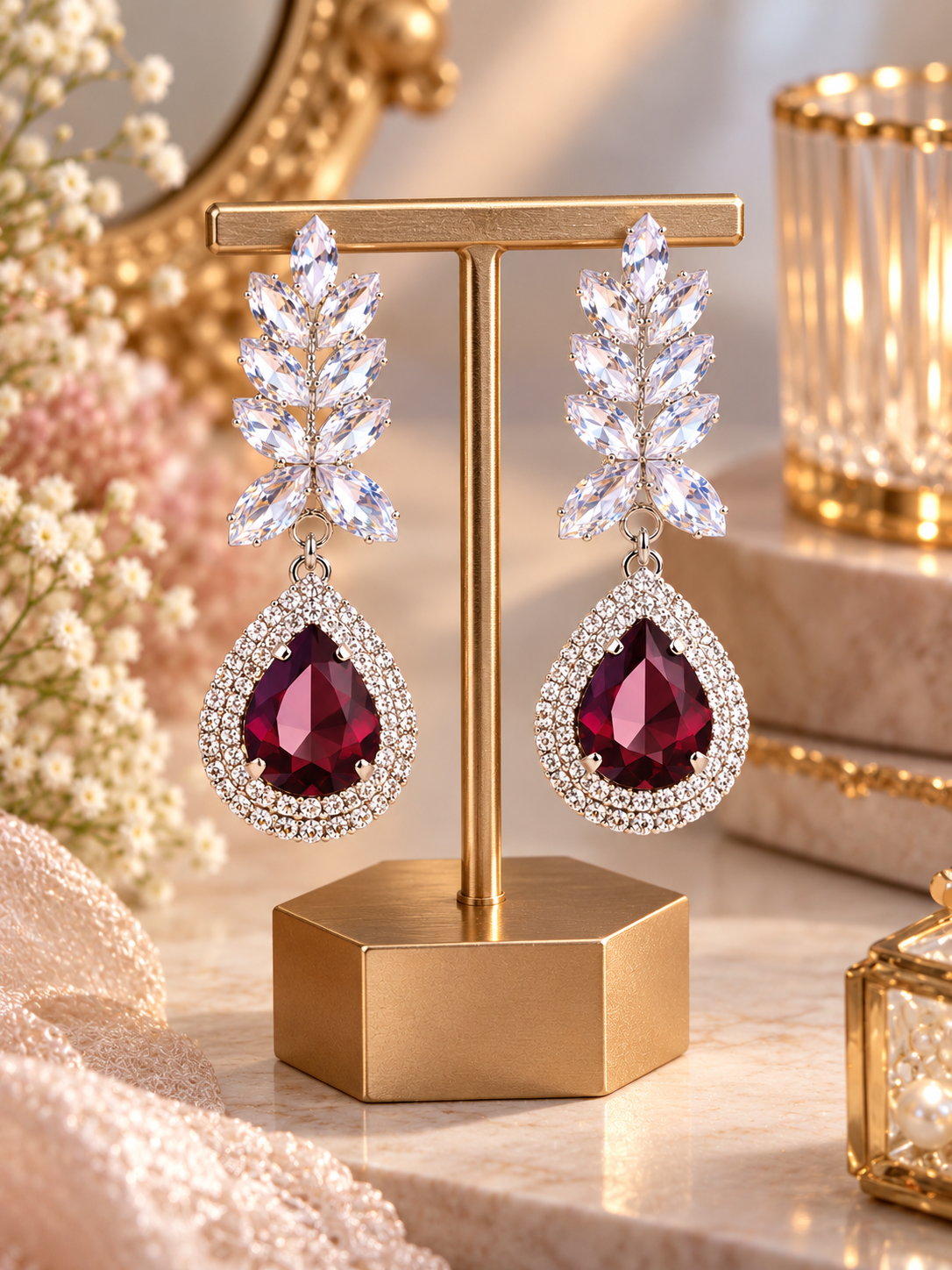 Elegant Ruby Crystal Drop Earrings
