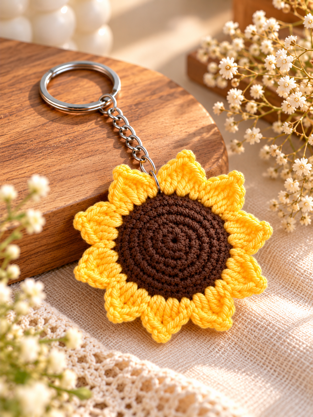 Sunny Bloom Charm – Handmade Crochet Sunflower Keychain. – Rizqaan
