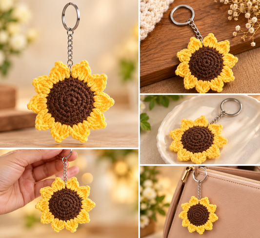 Sunny Bloom Charm – Handmade Crochet Sunflower Keychain.