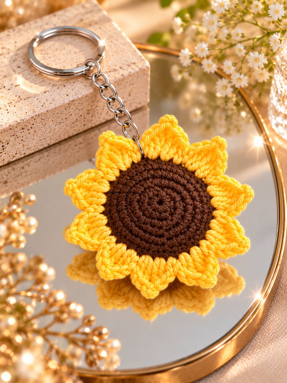 Sunny Bloom Charm – Handmade Crochet Sunflower Keychain. – Rizqaan