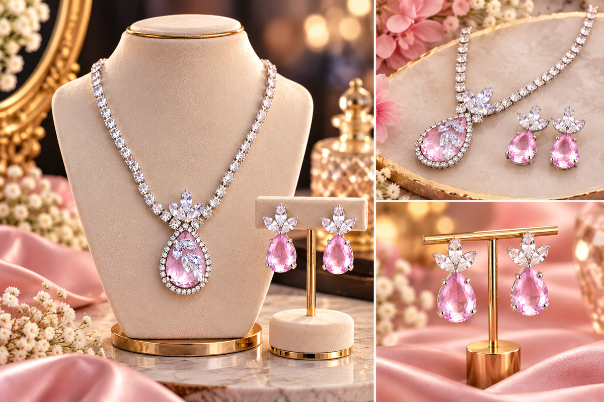 Pink Teardrop Necklace & Earring Set