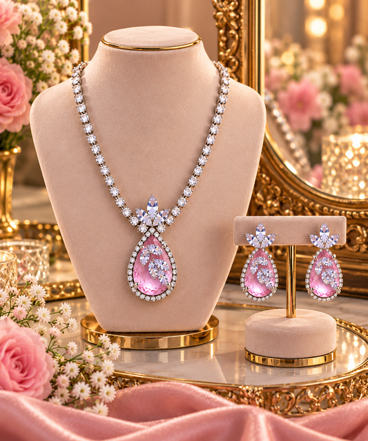 Pink Teardrop Necklace & Earring Set