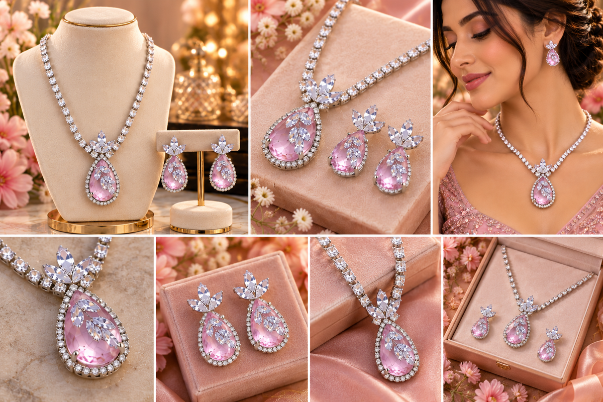 Pink Teardrop Necklace & Earring Set